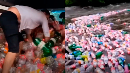   Se graban arrojando cientos de botellas al río y se ganan el repudio de redes sociales 